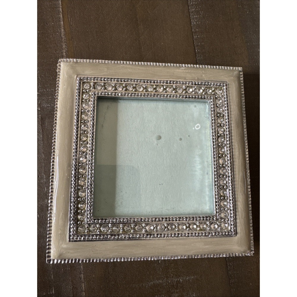 Vintage Enamel Sage Green Metal Picture Frame Rhinstone Border  3x3" Felt Back